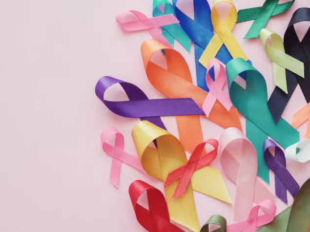 Coloured ribbons representing living with cancer 