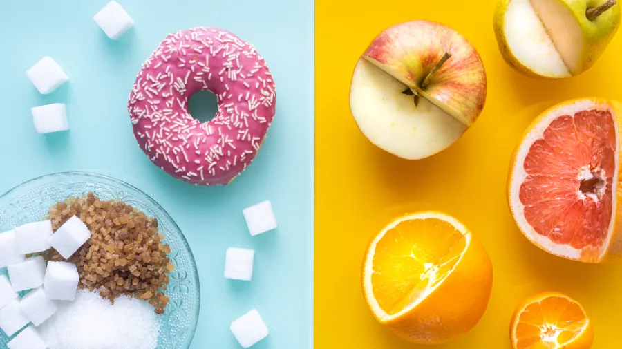 Image of sugars on one side, and on the right side, fruit